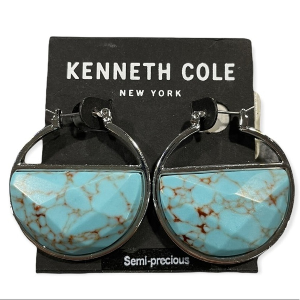 NWT Kenneth Cole New York Turquoise and Silver Semi-Precious Stone Hoop Earrings